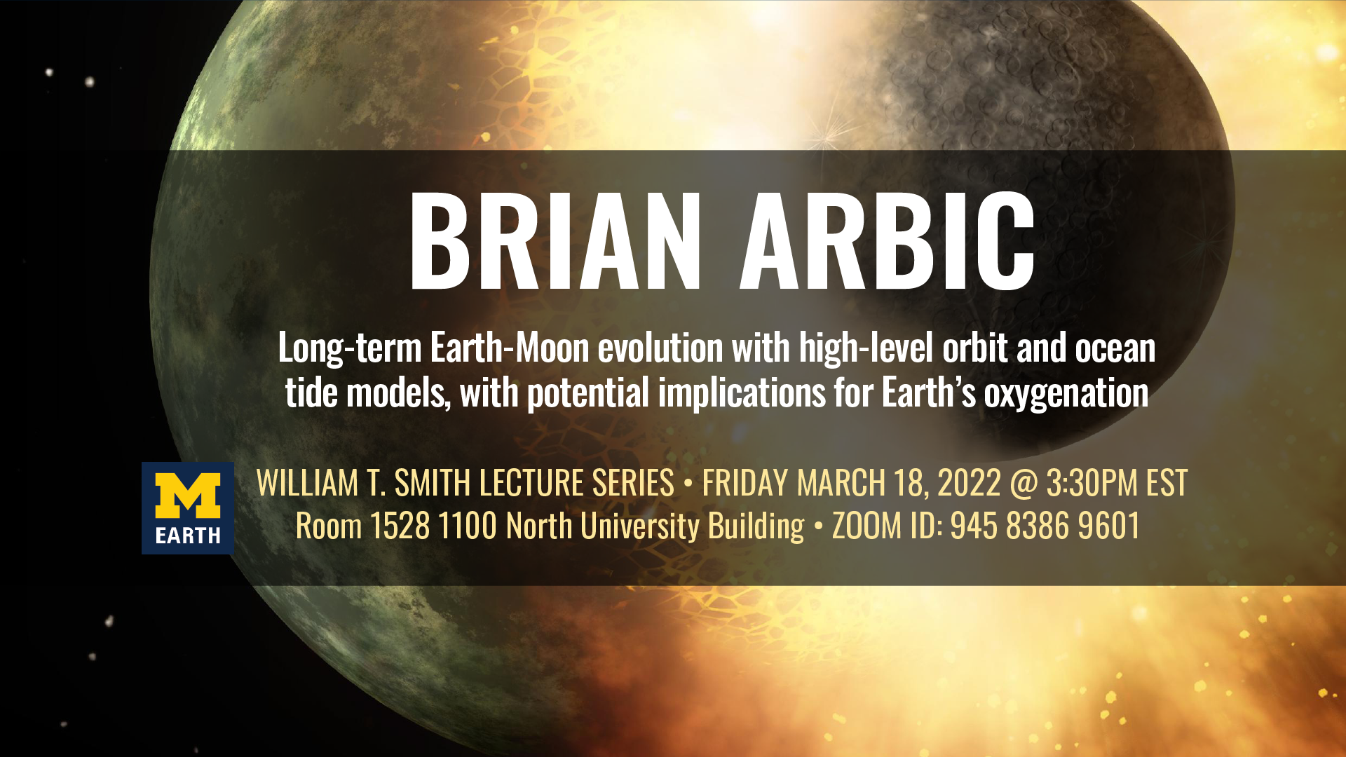 Announcement for Smith Lecture at the University of Michigan by Brian Arbic with two planets colliding