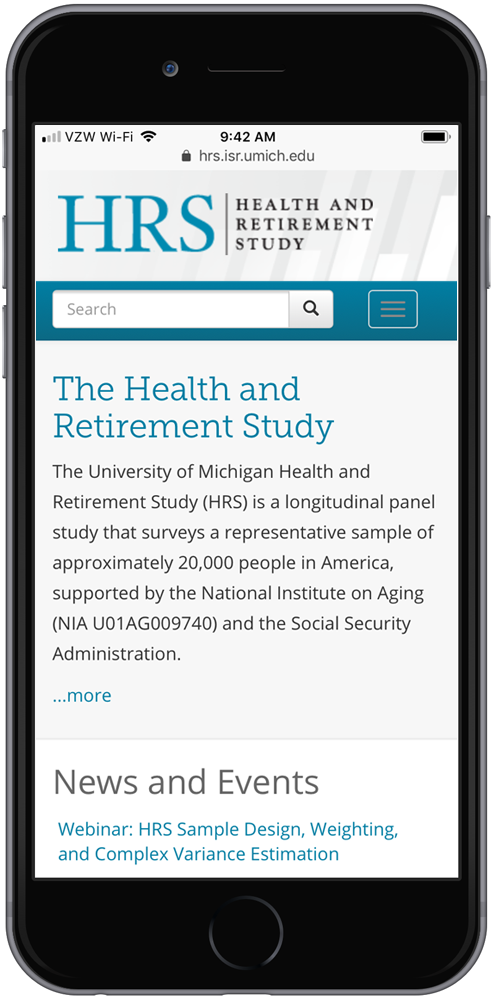 Mobile view for the Health Retirement Study website at the University of Michigan Institute for Social Research