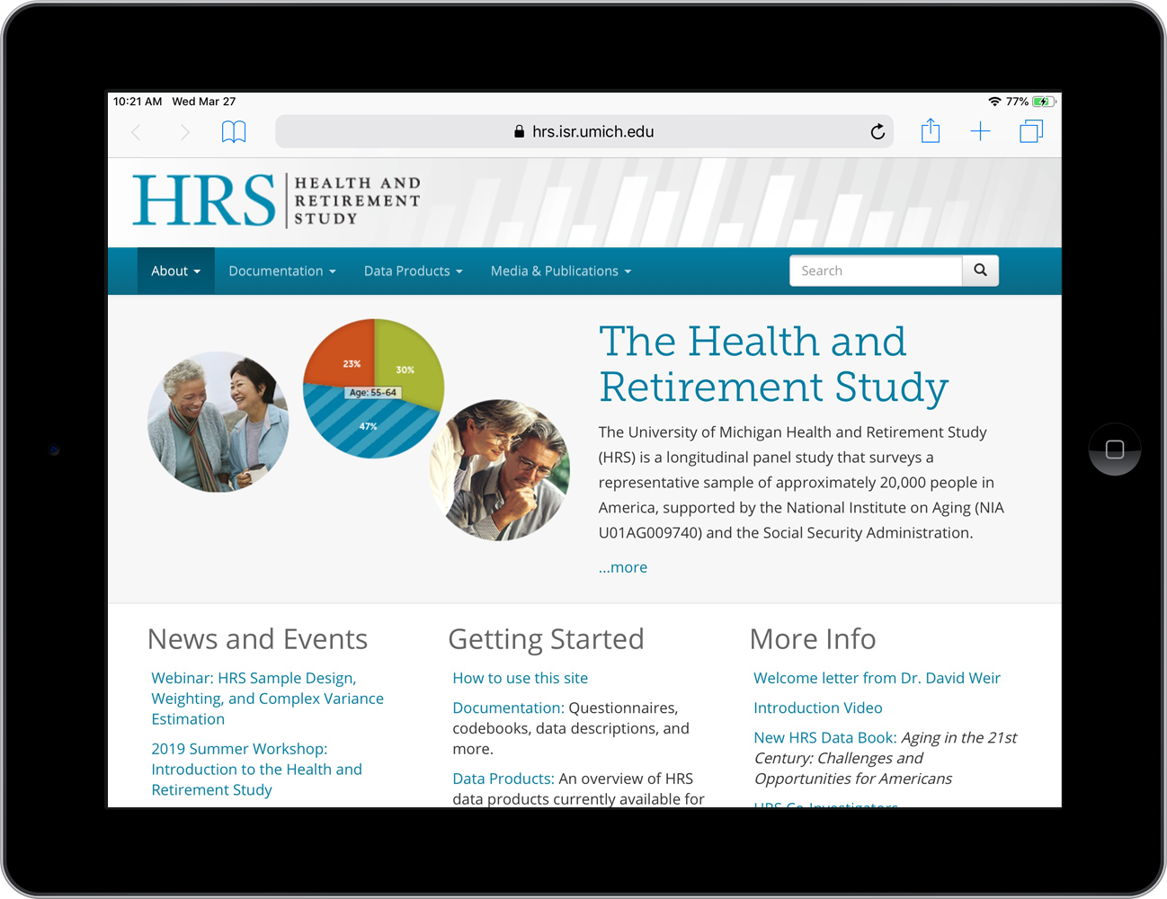 Tablet view for the Health Retirement Study website at the University of Michigan Institute for Social Research